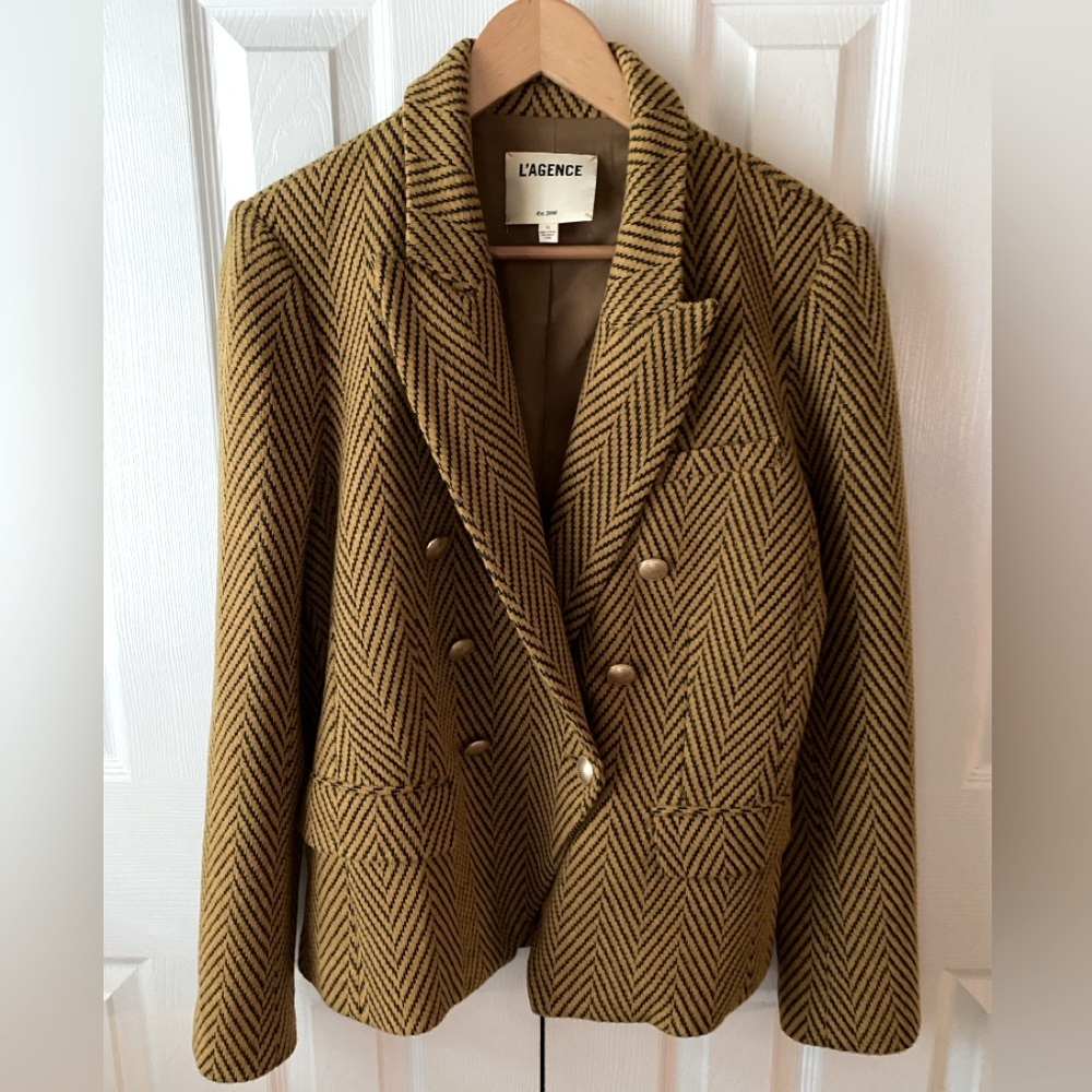 L’AGENCE Kenzie Gold Multi Zigzag Wool Blend Tweed Double Breasted Blazer SZ 10